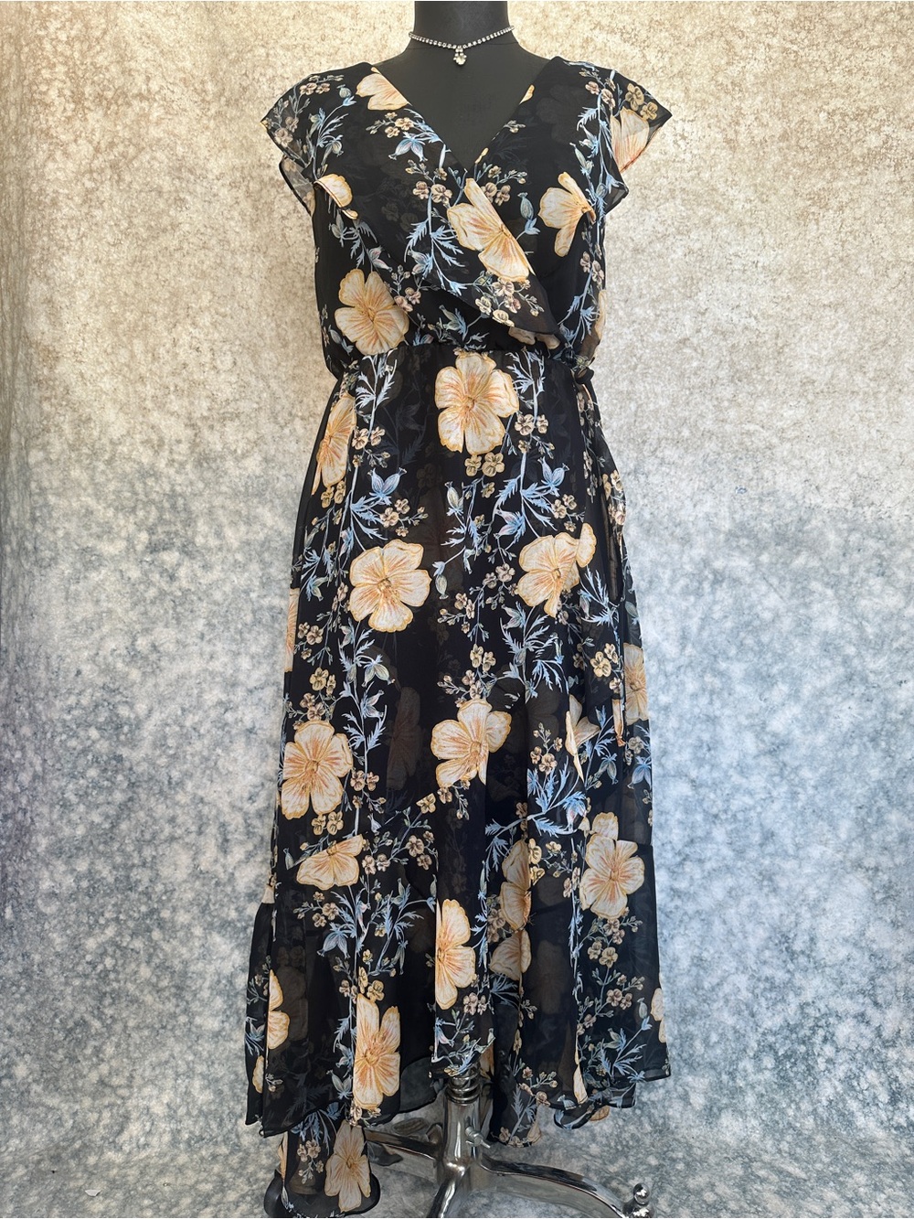 Papermoon Black Wrap Maxi dress with orange floral pattern Rare!